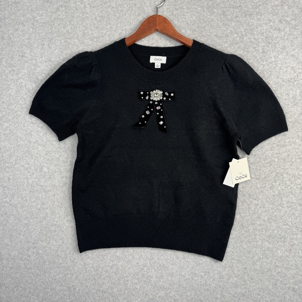 CeCe Black Puff Sleeve Sweater Bow‎ Embellished M NWT Chic Coquette
